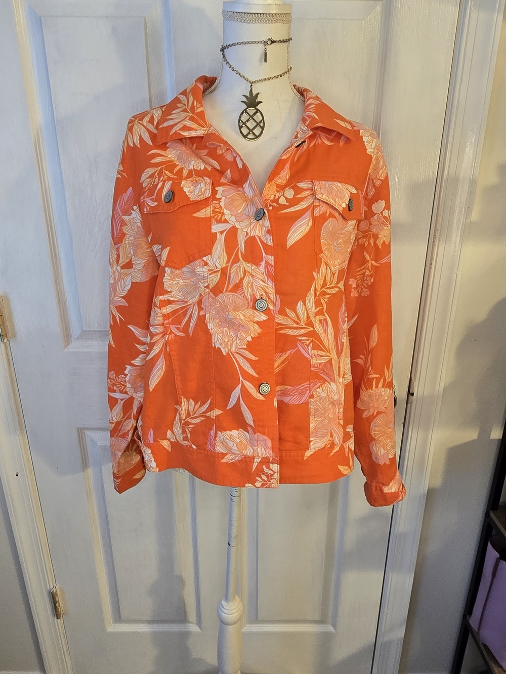 Cynthia Rowley Orange Floral Button-Down 100% Linen Jacket Large Feminine Floral